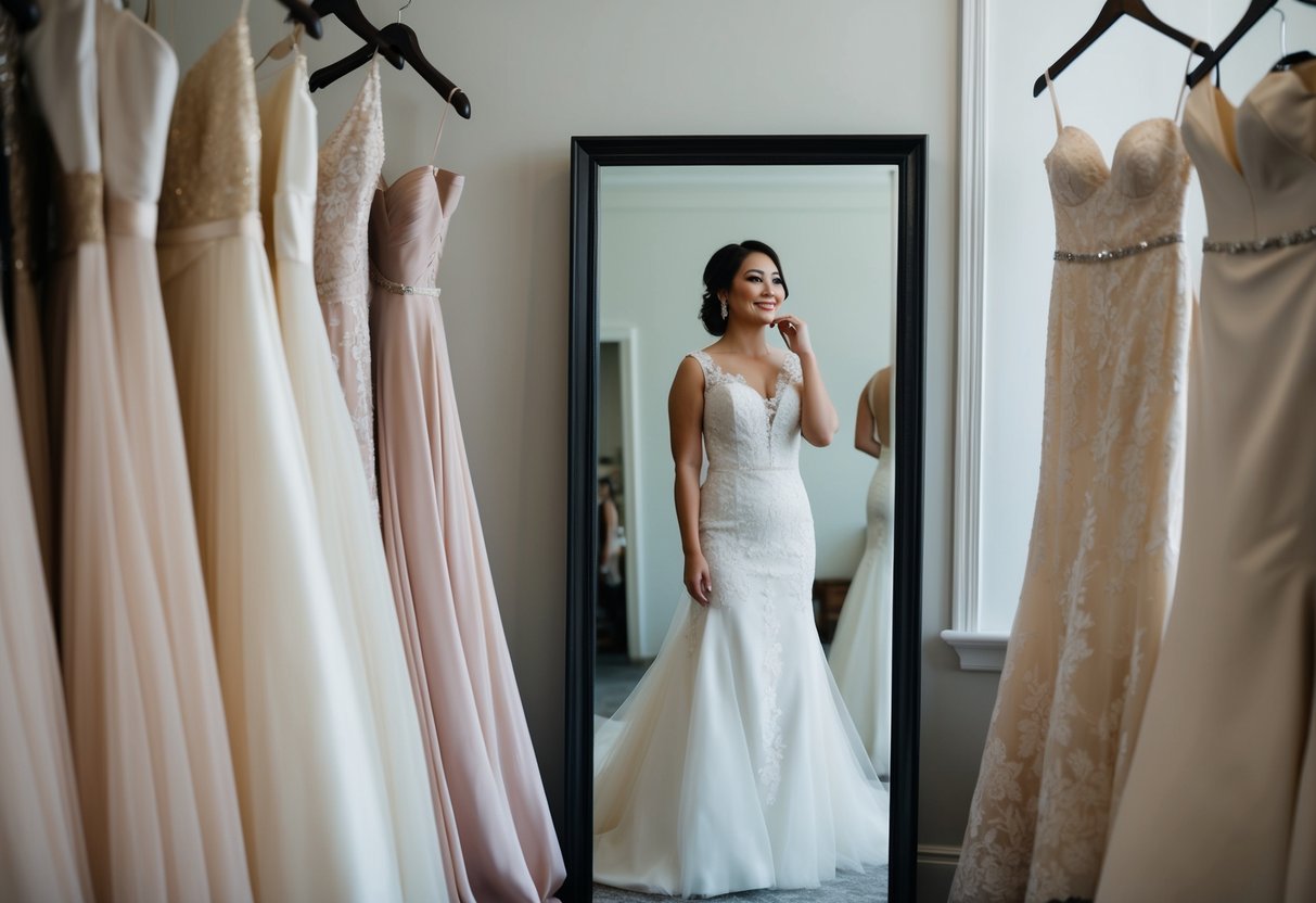 A woman surrounded by elegant wedding dresses, trying on a gown in front of a full-length mirror with a thoughtful expression