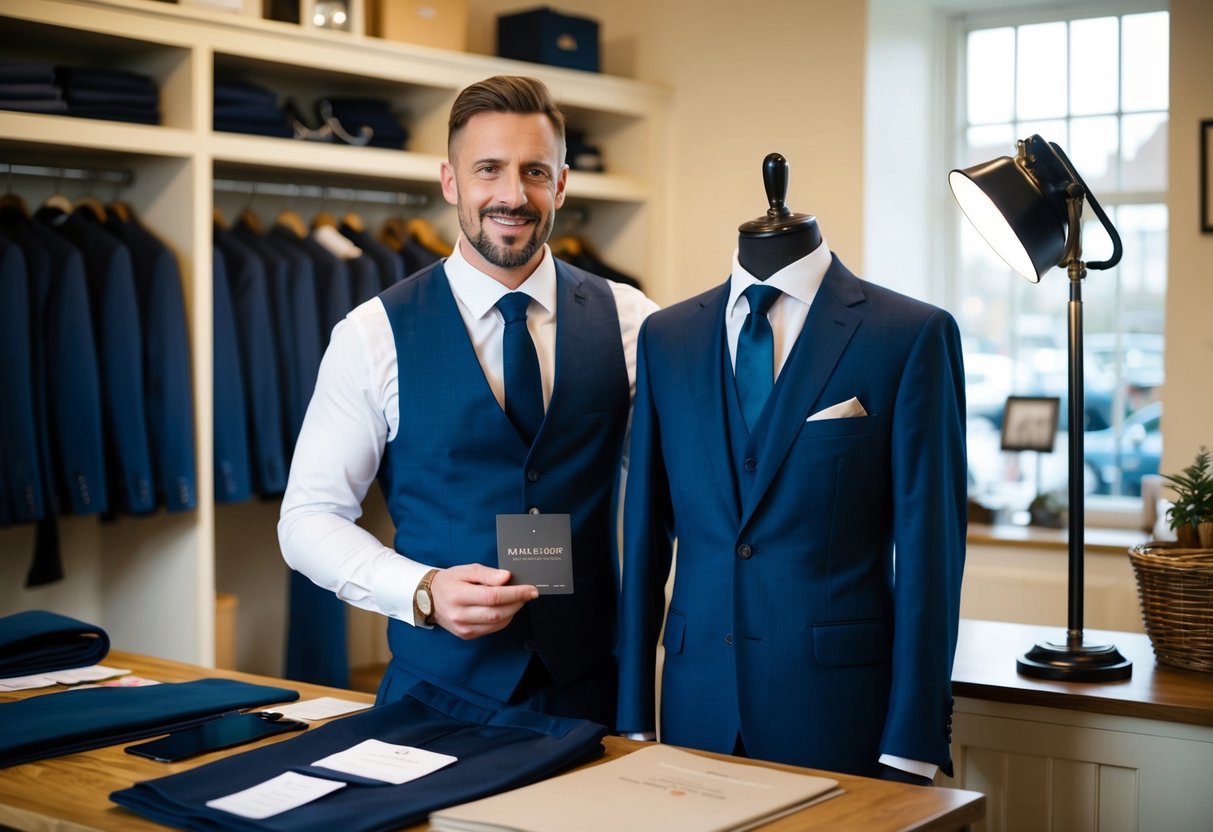 A man purchasing a best man suit at a tailor's shop in the UK
