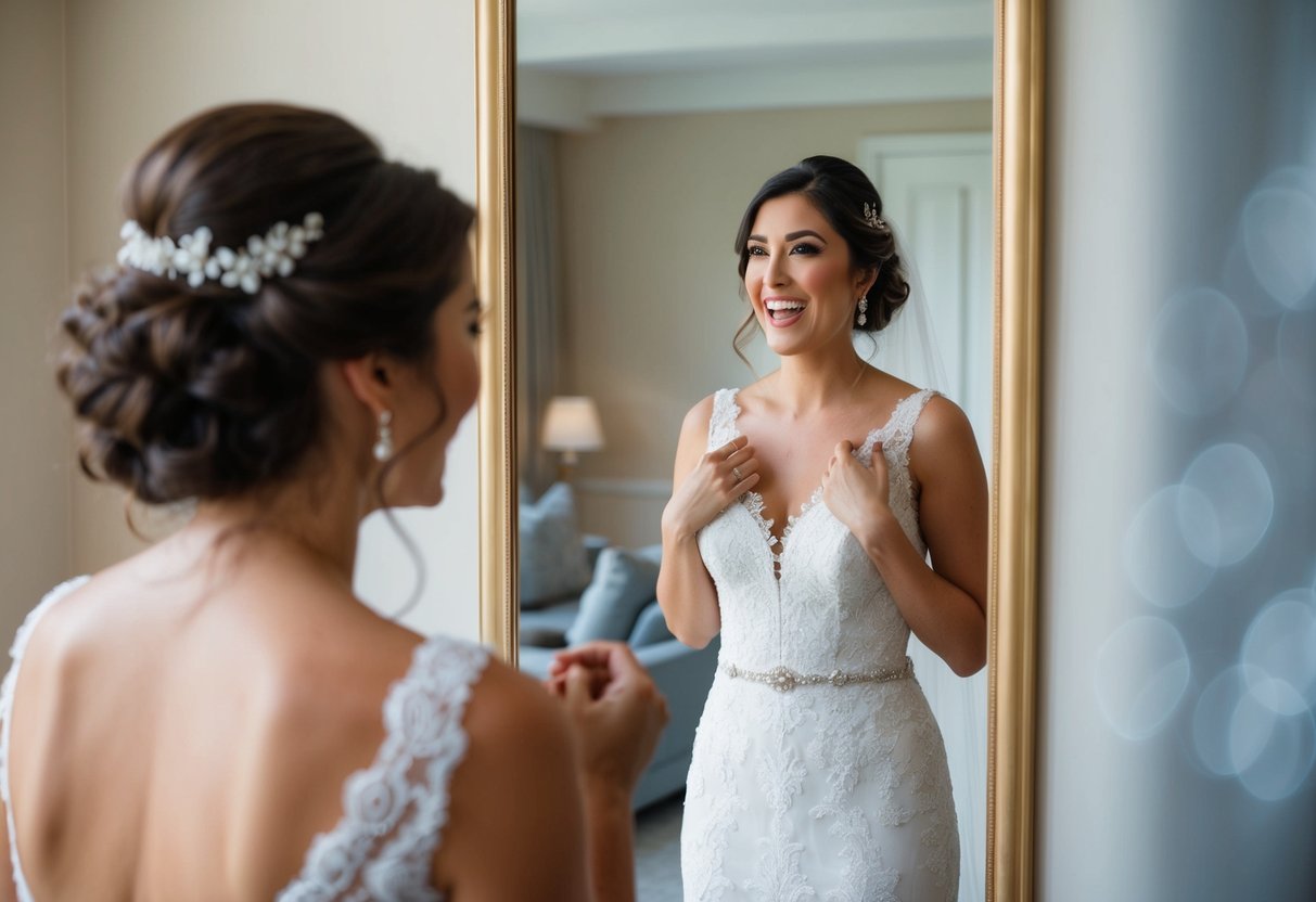 A woman trying on a wedding dress in front of a mirror, with a mix of excitement and uncertainty on her face