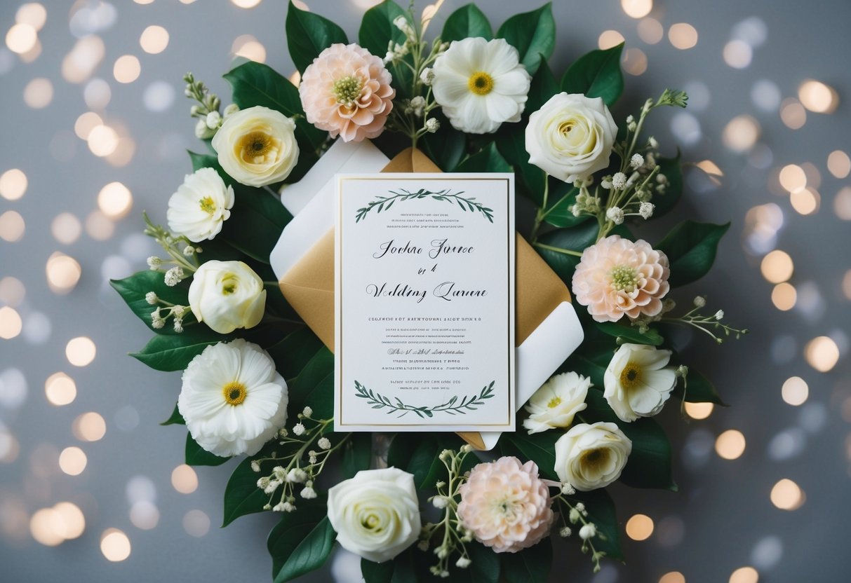 A wedding invitation surrounded by elegant floral decorations
