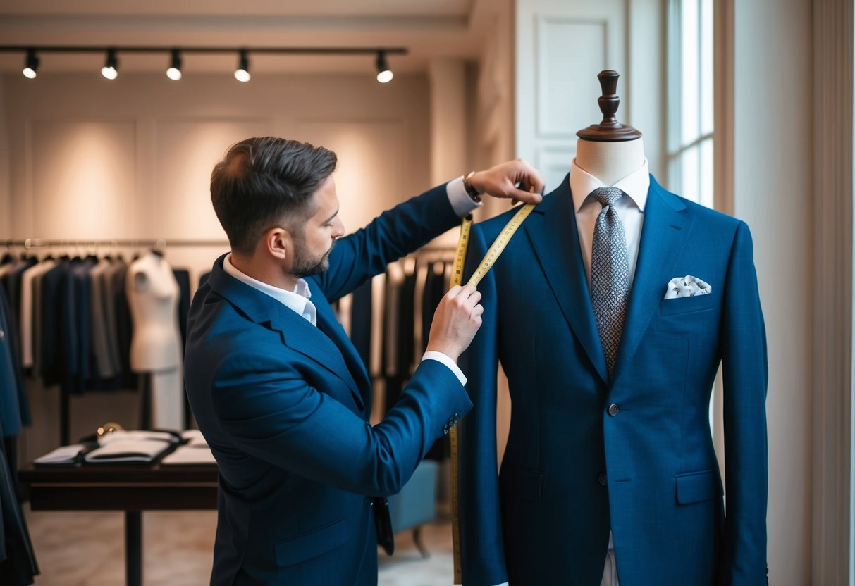 A tailor measuring a high-quality suit on a mannequin in a well-lit, elegant boutique setting