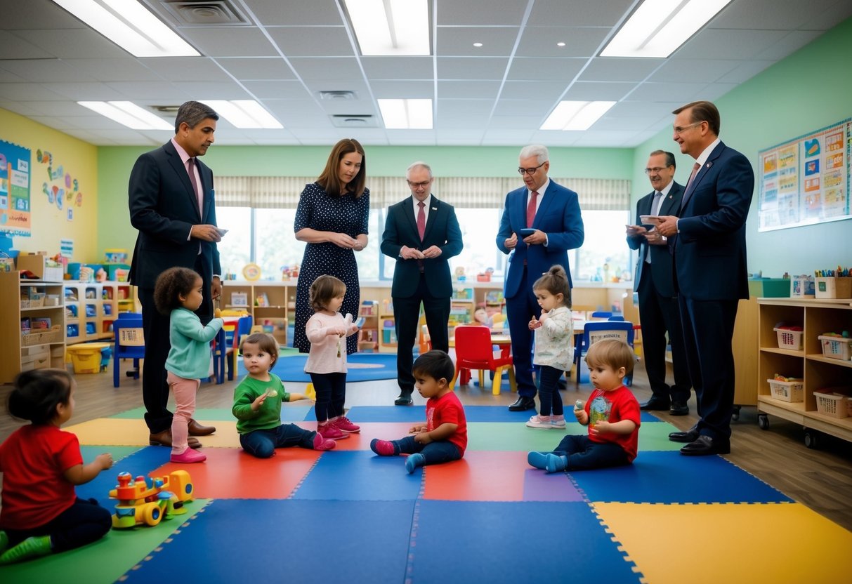 Un centre de garde d'enfants animé avec des enfants jouant et des éducateurs s'occupant de leurs besoins, tandis que des fonctionnaires gouvernementaux observent et discutent des politiques.