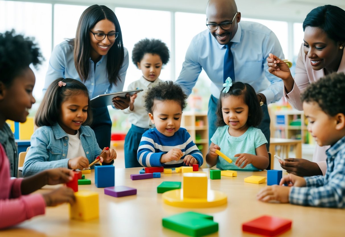 Un groupe de familles et d'enfants divers participant à des activités d'éducation de la petite enfance, tandis que les administrateurs gèrent les aspects financiers en arrière-plan.