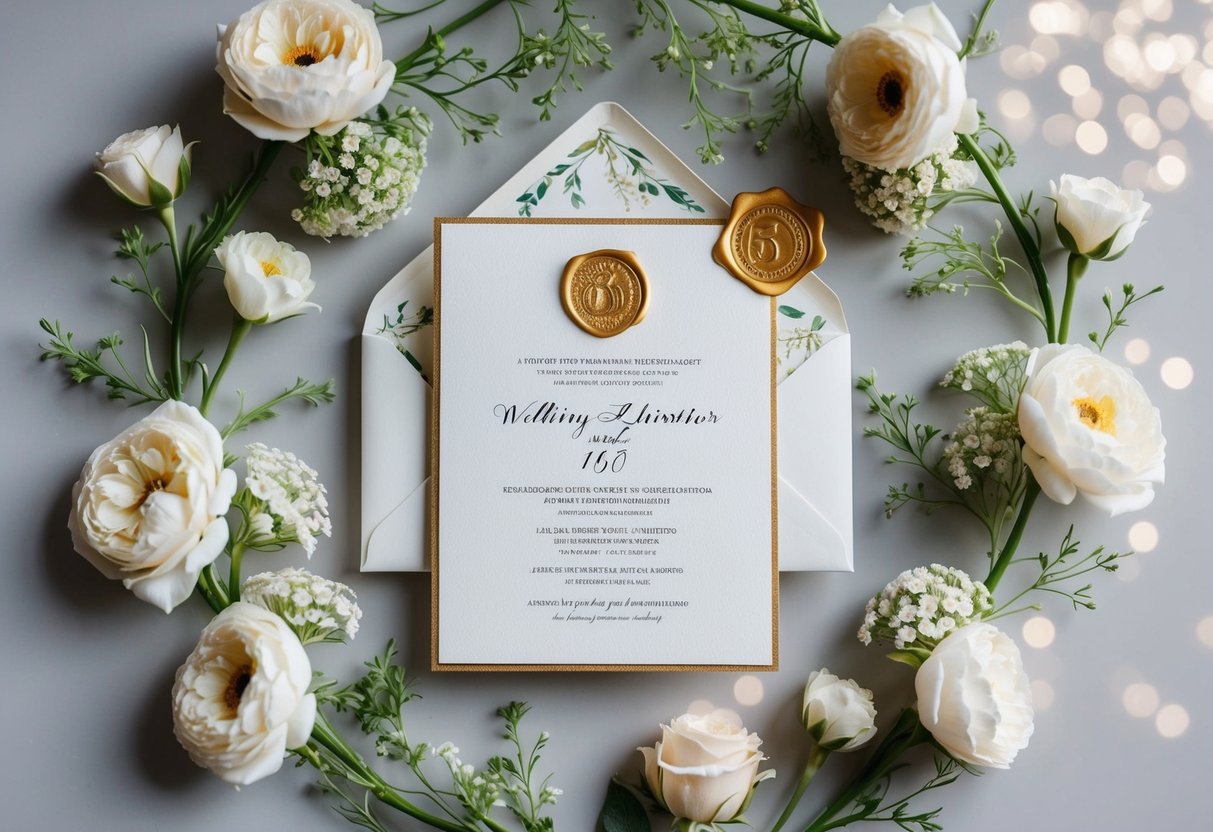 An elegant wedding invitation surrounded by delicate floral arrangements and a golden seal