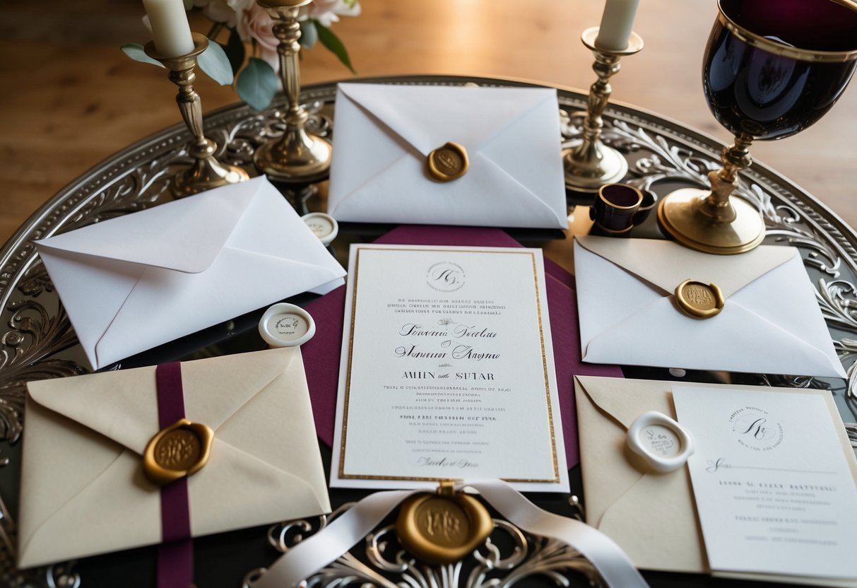 A beautiful wedding invitation surrounded by elegant stationery items such as envelopes, ribbons, and wax seals on a decorative table