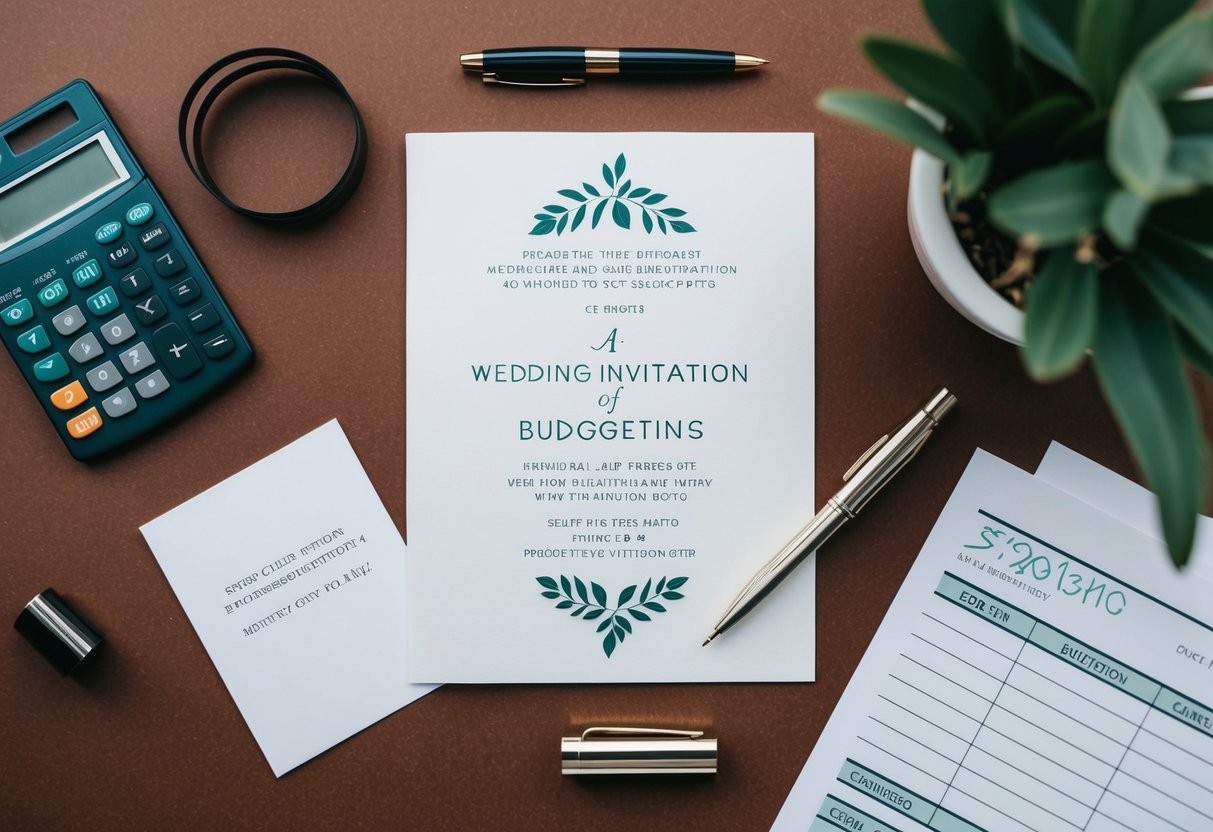 A wedding invitation surrounded by budgeting elements like a calculator, pen, and paper