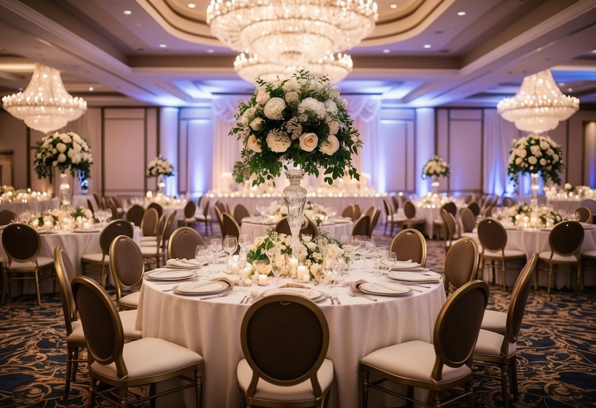 A lavish wedding reception with elegant decorations and a grand banquet