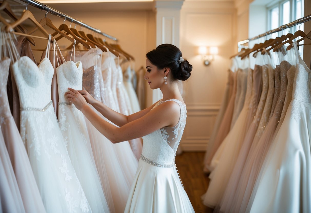 A woman browsing through a rack of elegant wedding dresses in a boutique, carefully examining the details and fabric of each gown