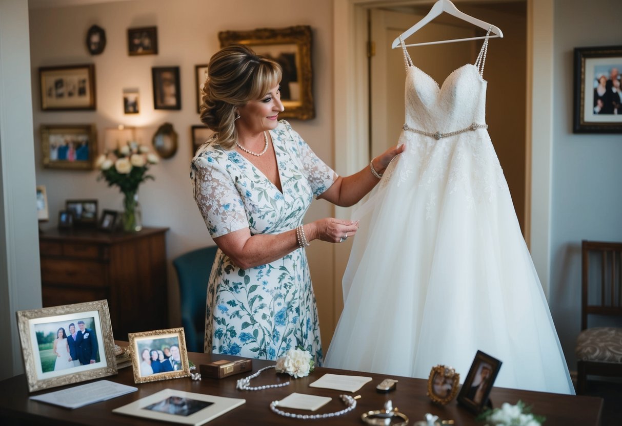 A mother carefully selects a wedding dress, surrounded by family heirlooms and photos of past weddings