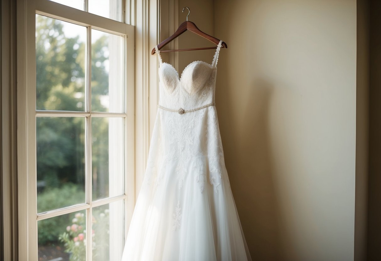 A wedding dress hanging on a vintage wooden hanger, bathed in soft natural light from a nearby window