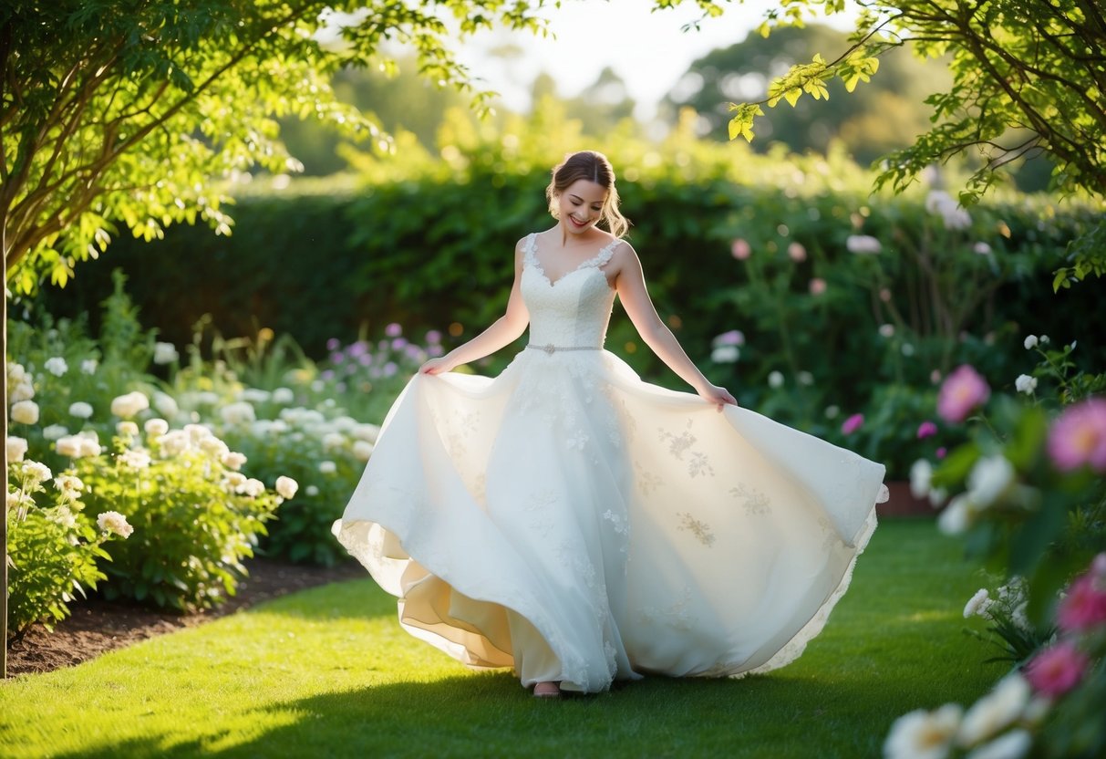 A serene garden setting with a bride twirling in her re-worn wedding dress, surrounded by blooming flowers and dappled sunlight