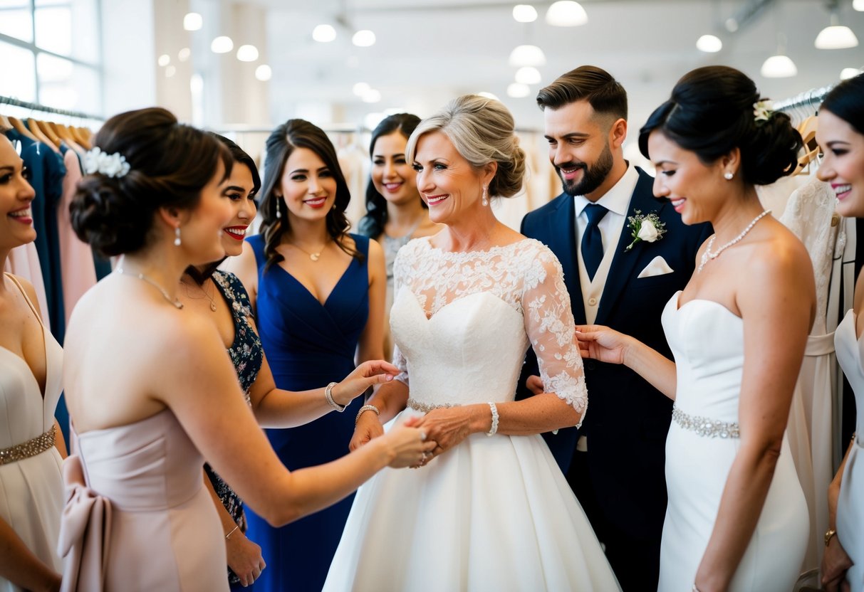 A mother shopping for a wedding dress, surrounded by the wedding party and a salesperson assisting her