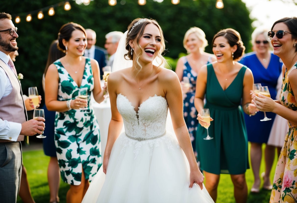 A bride in her wedding dress at a garden party, surrounded by friends and family, laughing and enjoying the celebration