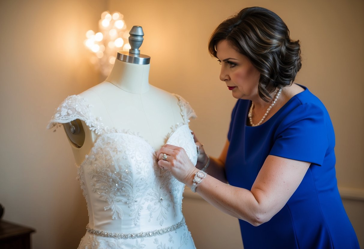 A mother carefully adjusts the wedding dress on a mannequin, adding final touches and alterations with a focused expression