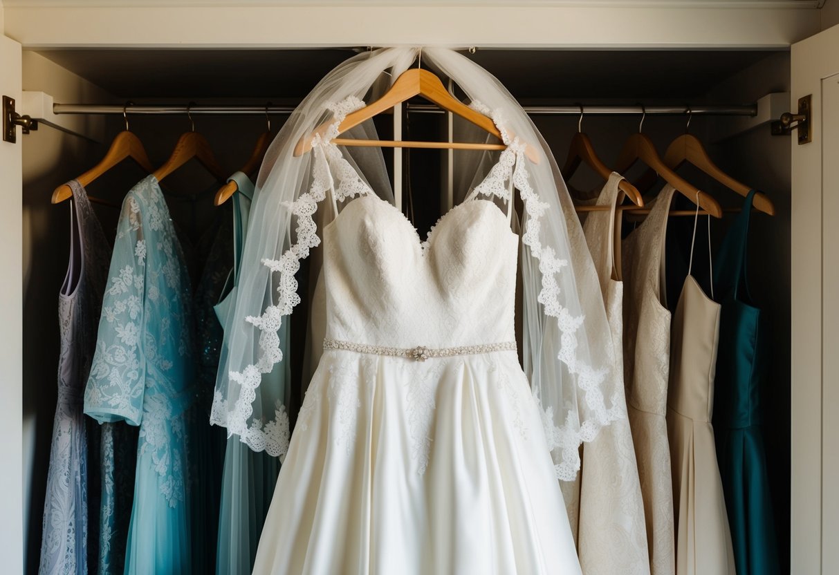 A wedding dress hanging in a sunlit closet, surrounded by other garments. A vintage veil and delicate lace details add to its timeless appeal