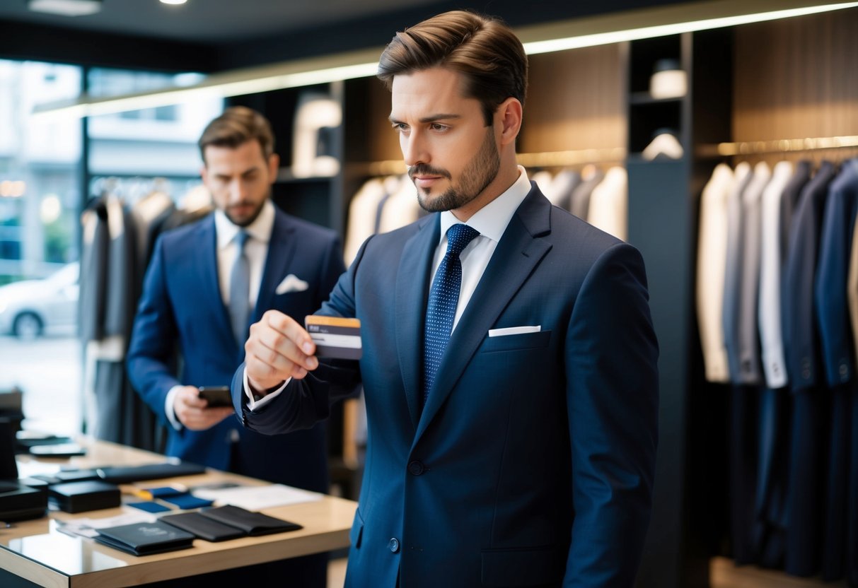 A well-dressed man hands over a credit card to a tailor in a high-end suit shop