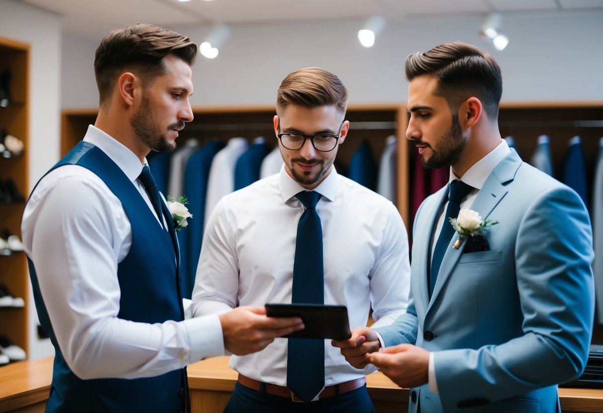 A groom and best man discussing suit payment at a formalwear shop
