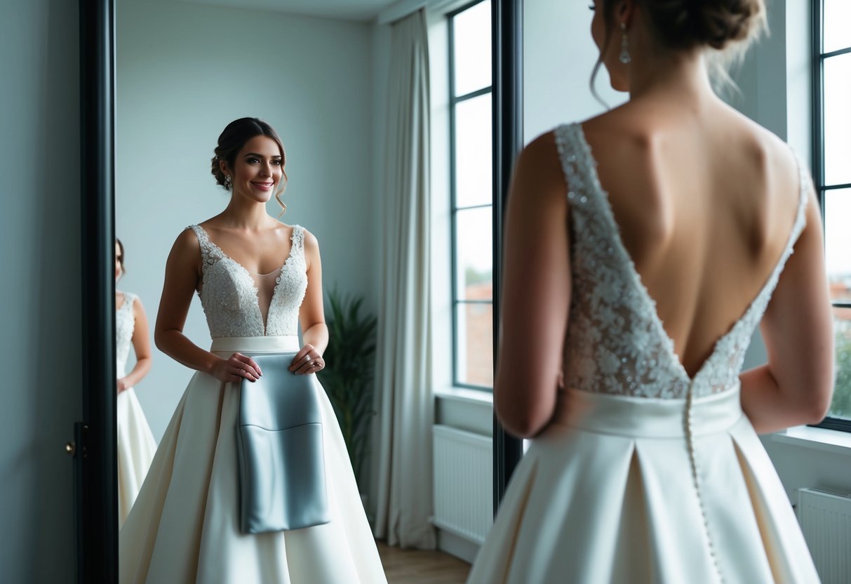 A bride standing in front of a mirror, wearing her elegant ceremony dress while holding a sleek and modern reception dress