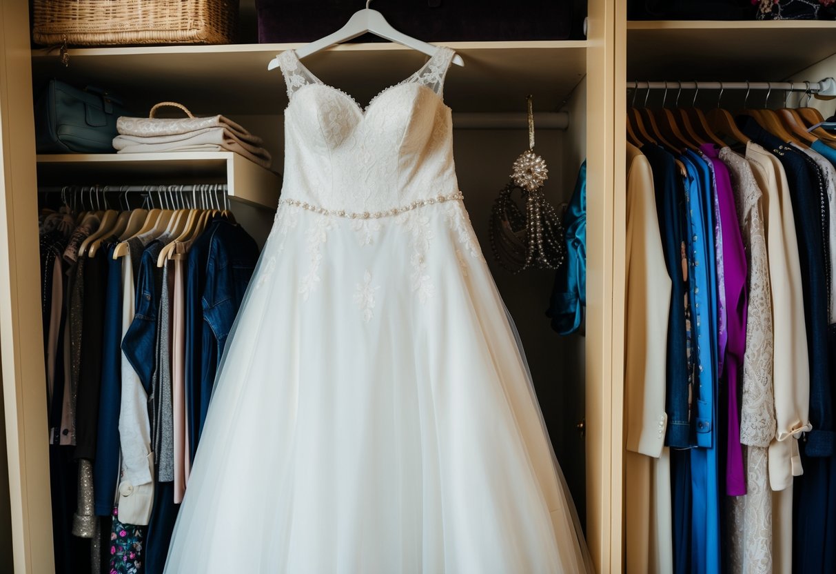 A wedding dress hanging in a closet, untouched for years, surrounded by other clothing and accessories