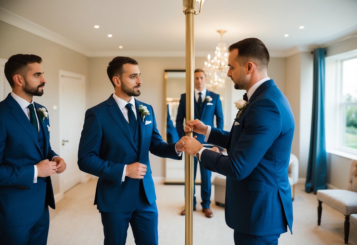 A tailor measures a suit for the best man as the groom looks on, discussing attire decisions and who will cover the cost