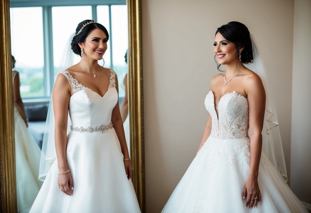 A bride standing in front of a mirror, wearing two different wedding gowns, each with unique styles and designs