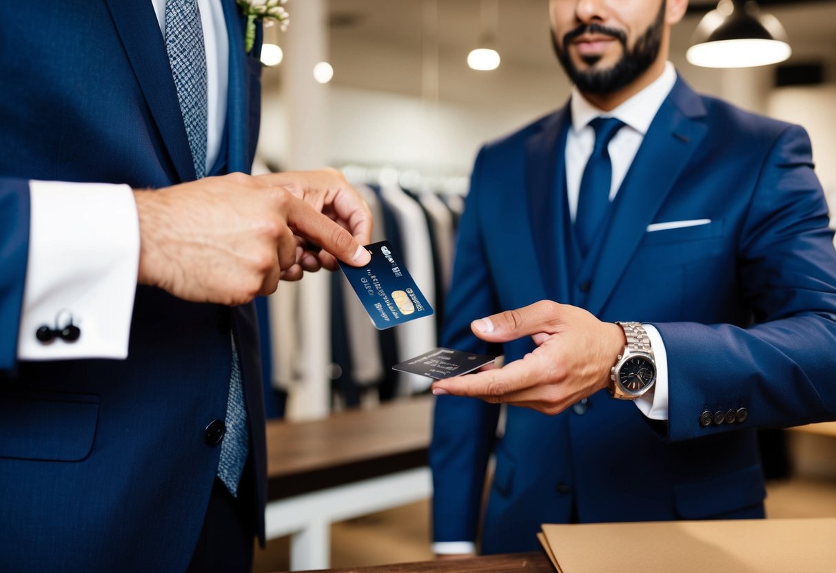 A groom handing over a credit card to a tailor, while discussing suit options and pricing