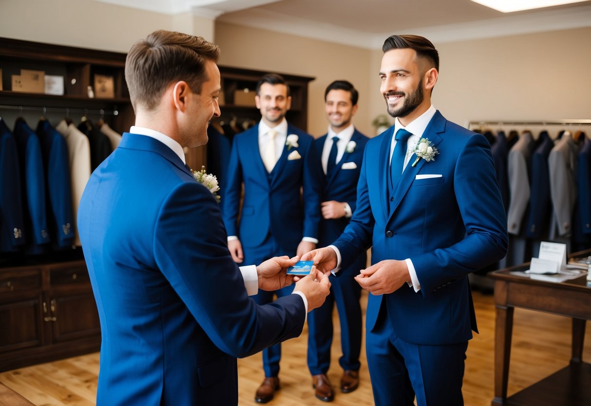 A groom handing over a credit card to a tailor, while the best man tries on a suit in a traditional menswear shop