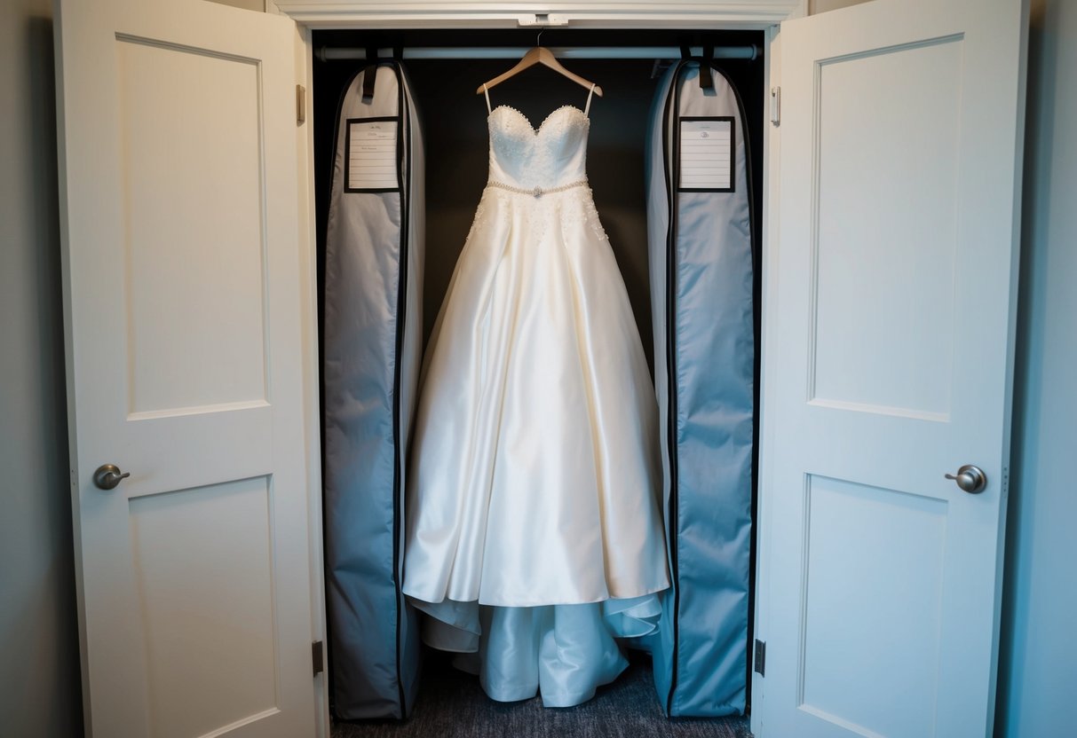 A wedding dress hanging in a garment bag, stored in a closet with moth repellent and proper ventilation