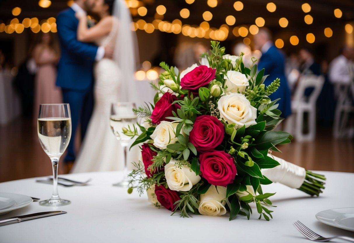 A bouquet of flowers rests on the table next to the bride at the reception