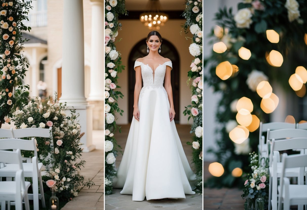 A woman in an elegant dress stands between two different wedding venues, surrounded by flowers and decorations