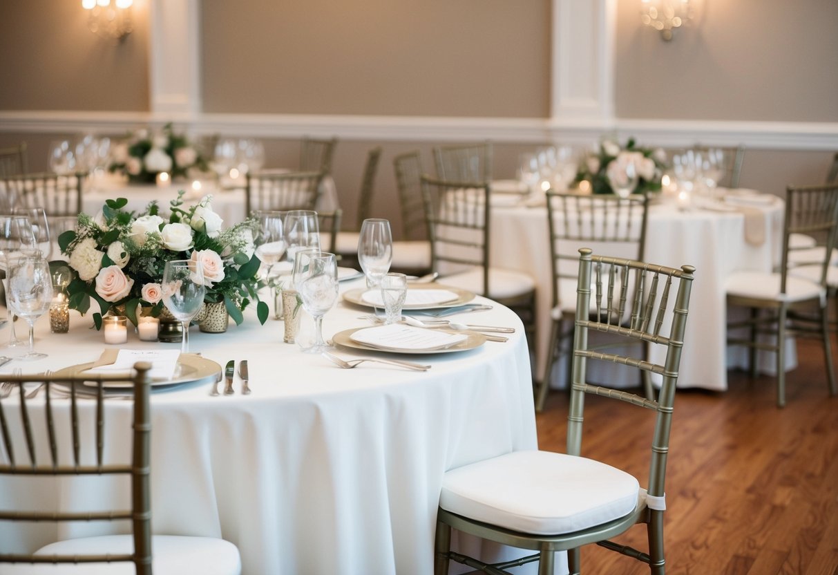A round reception table with an empty seat next to the bride, adorned with elegant place settings and floral centerpieces
