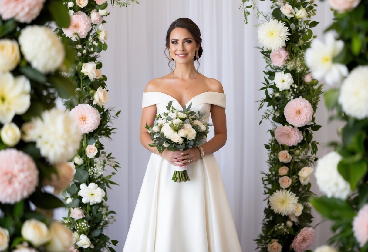 A woman in elegant attire stands among flowers and wedding decor, holding a bouquet. She wears a stylish dress suitable for a wedding celebration