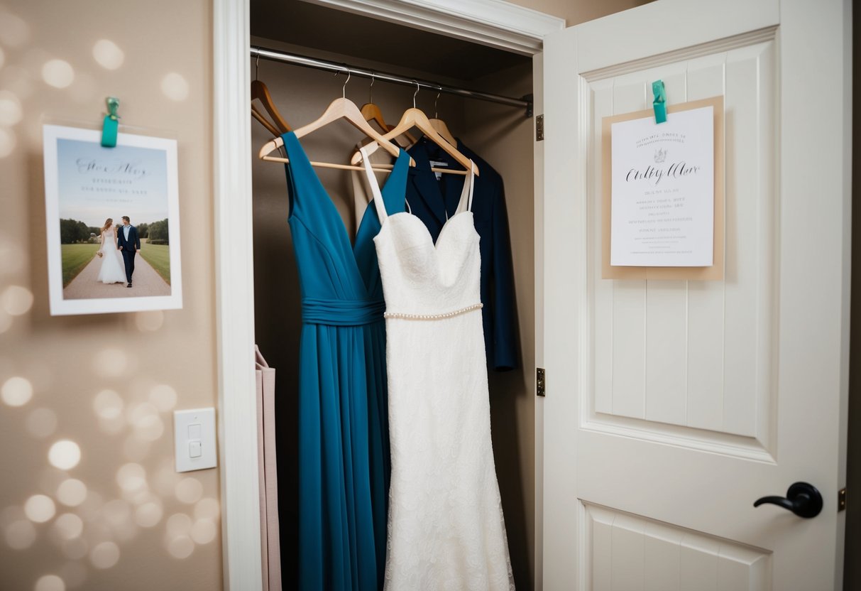 A woman hangs a dress in a closet with two wedding invitations pinned to the door