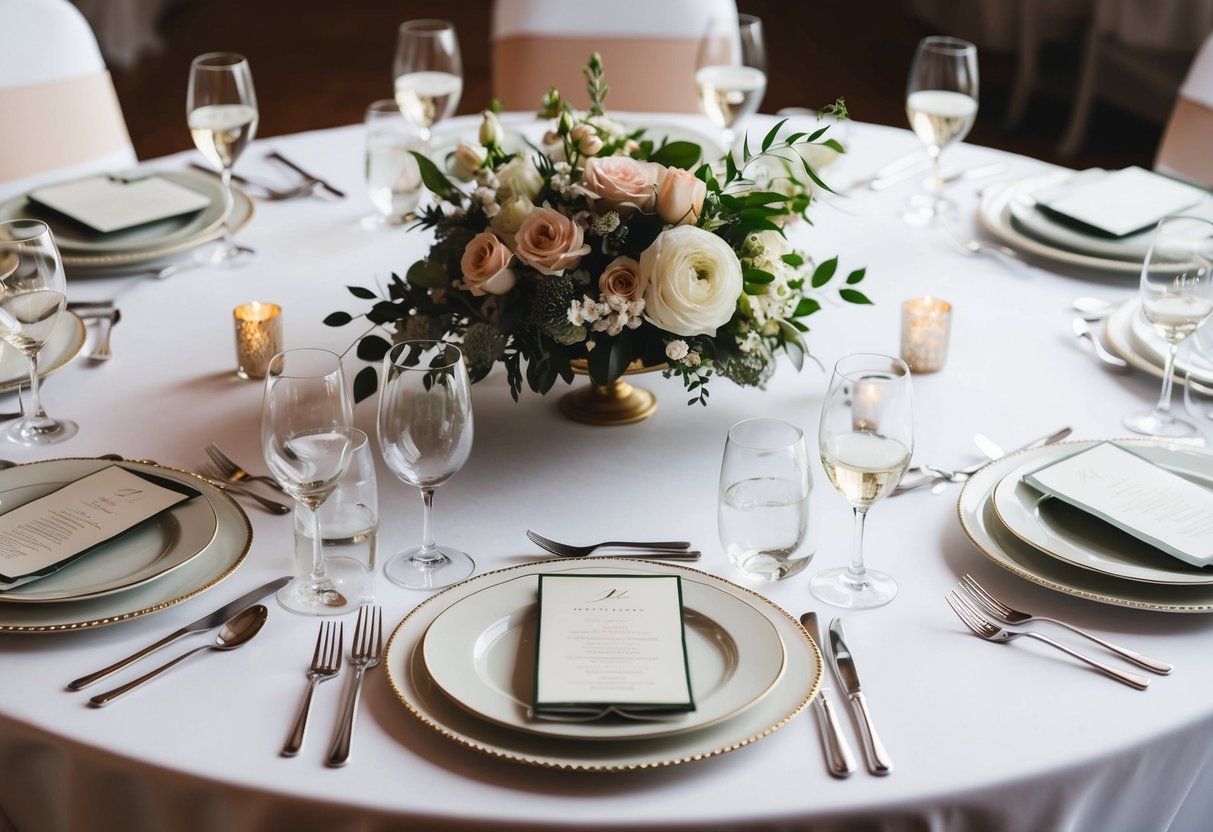 A round table with elegant place settings, a floral centerpiece, and a chair pulled out slightly, indicating the seat for the bride's immediate circle