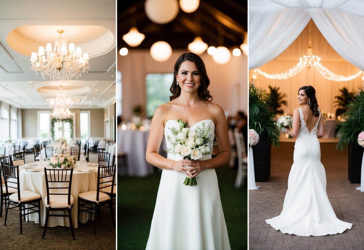 A woman holding a dress, surrounded by two different wedding venues with different decor and settings