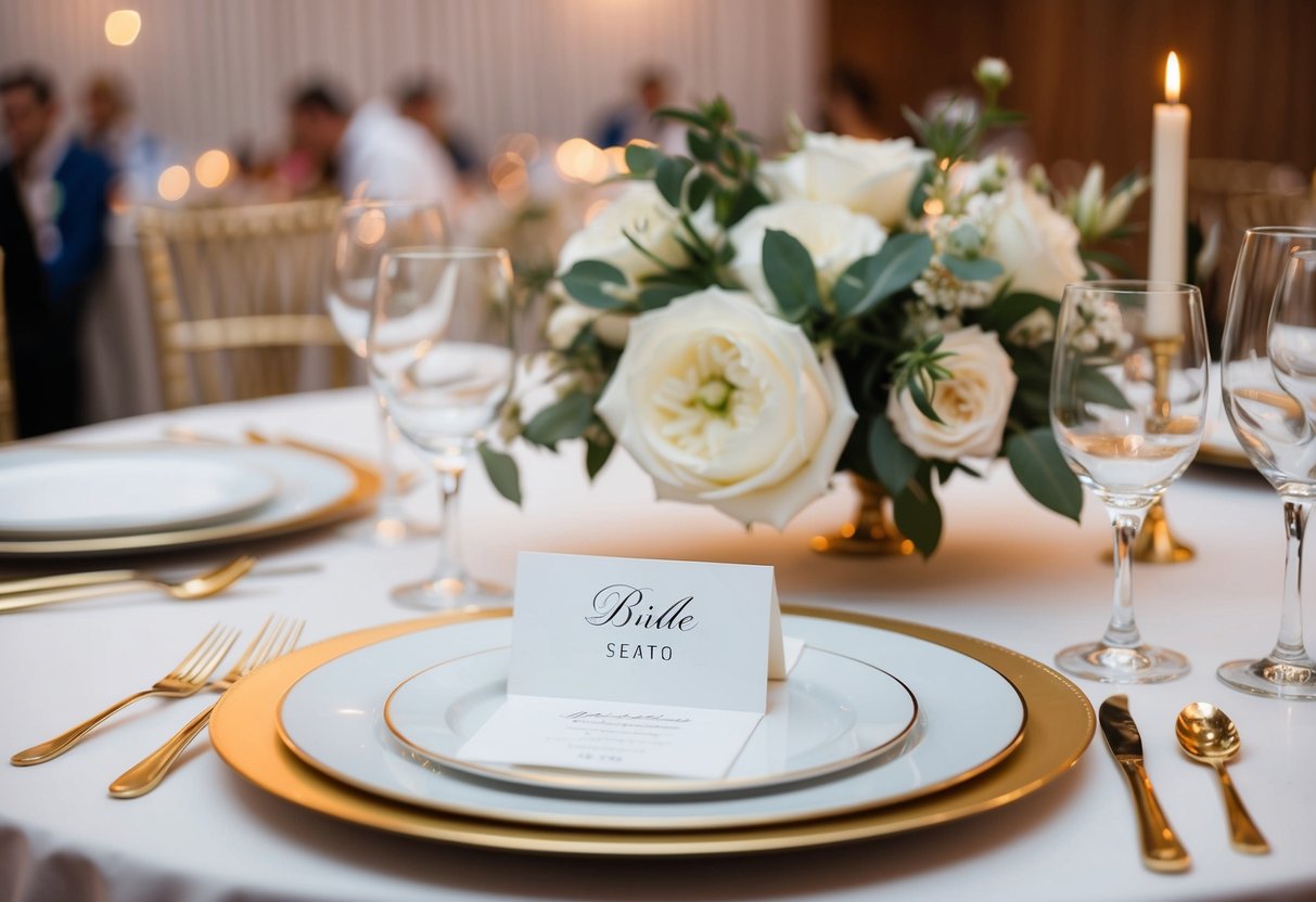 A beautifully set reception table with a place card indicating the seat next to the bride