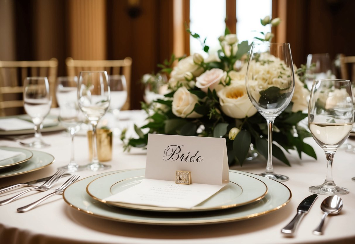 A beautifully set table with elegant place cards, with one seat clearly designated next to the bride