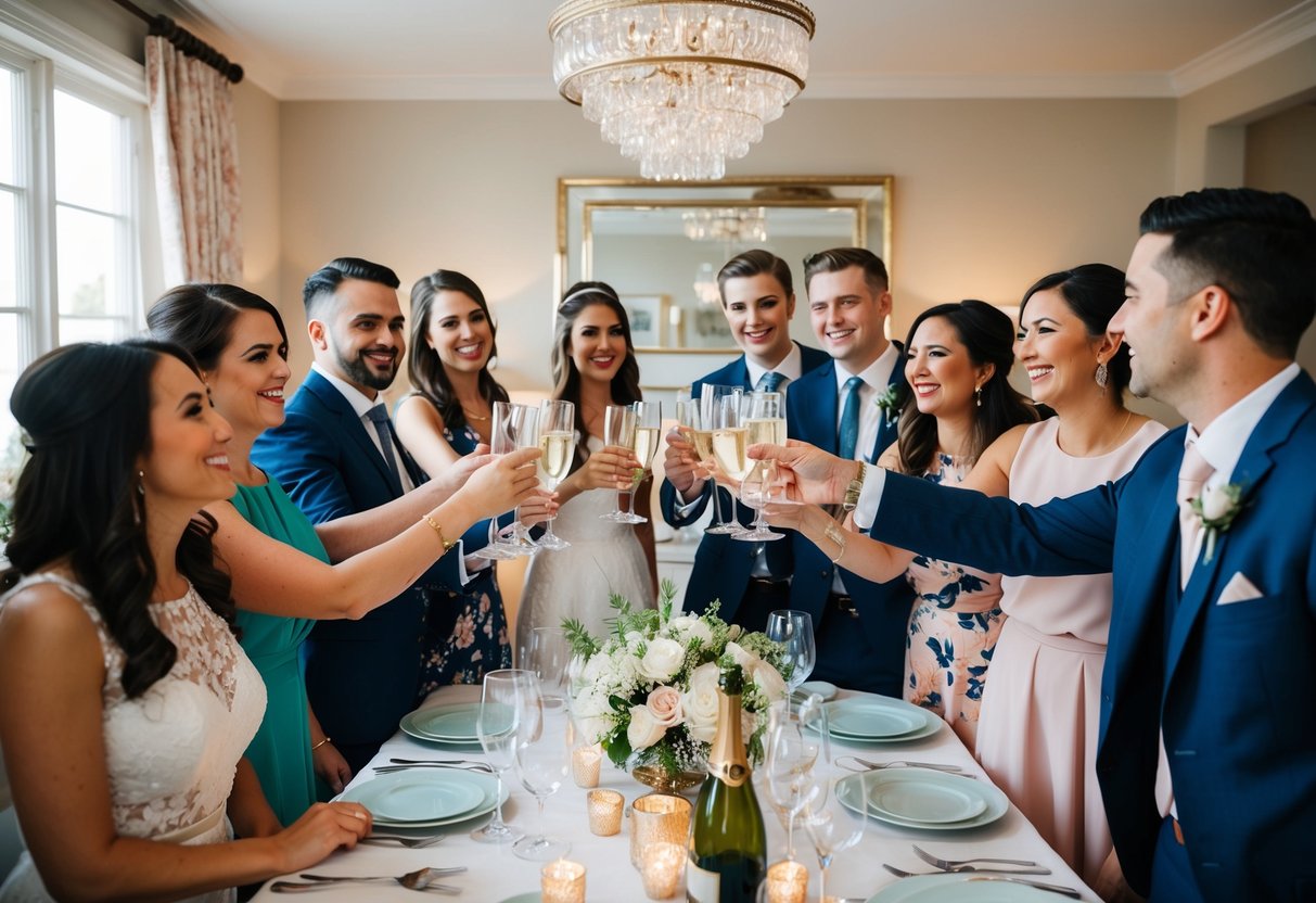 A group of friends gather in a decorated room, raising glasses to celebrate the bride's engagement