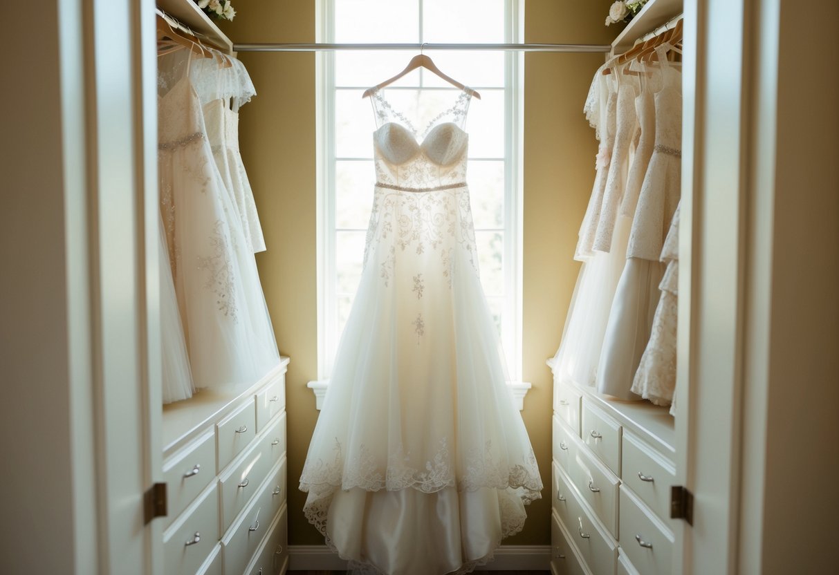 A wedding dress hanging in a sunlit closet, surrounded by delicate lace and intricate beading