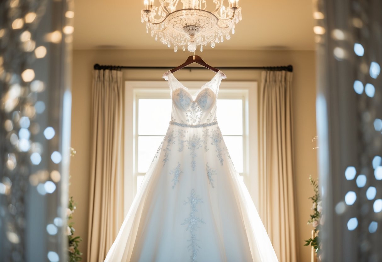 A wedding dress hanging in a sunlit room, surrounded by delicate lace and intricate beading, evoking memories of love and celebration