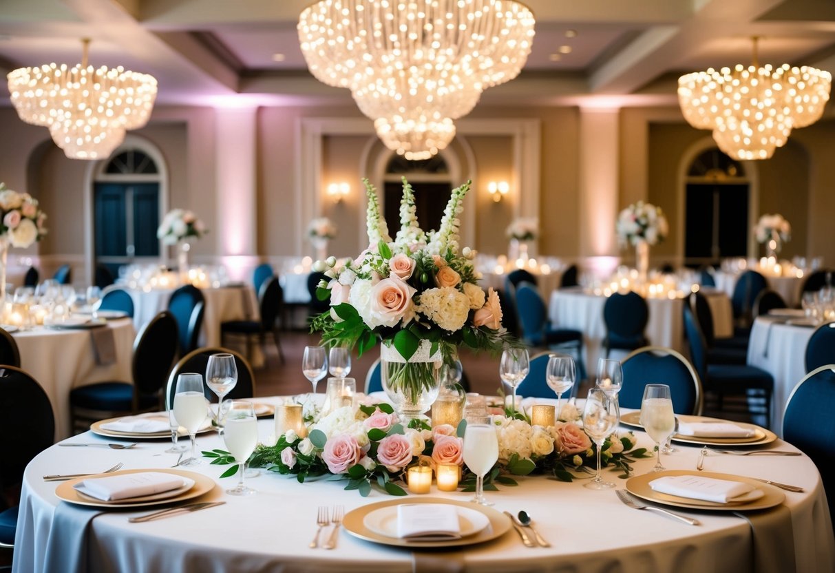 A beautifully decorated engagement party venue with elegant and romantic themes, featuring floral centerpieces and twinkling lights