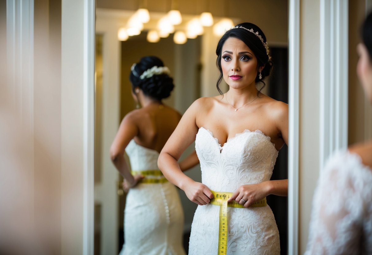 A bride holding a measuring tape around her waist, looking unsure while standing in front of a mirror
