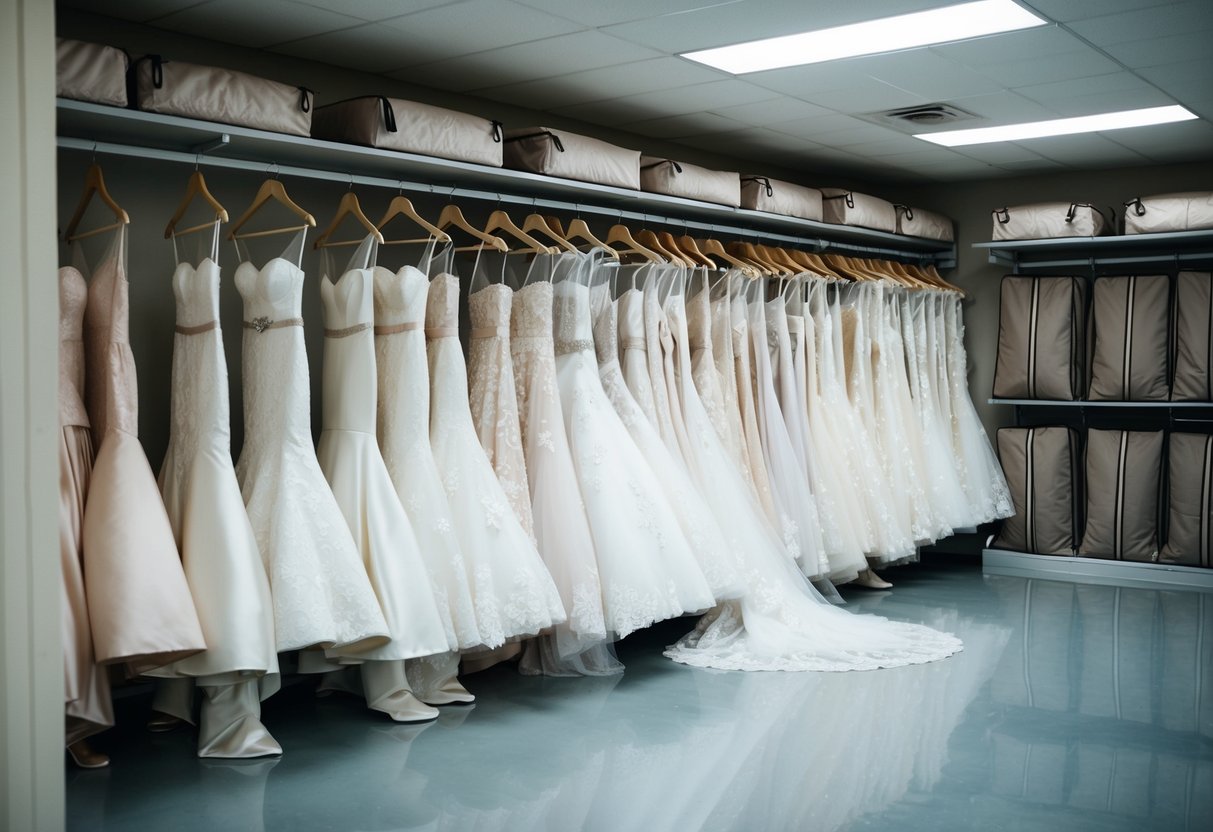 A row of elegant bridal gowns hanging in a spacious, well-lit storage room with organized shelves and protective garment bags