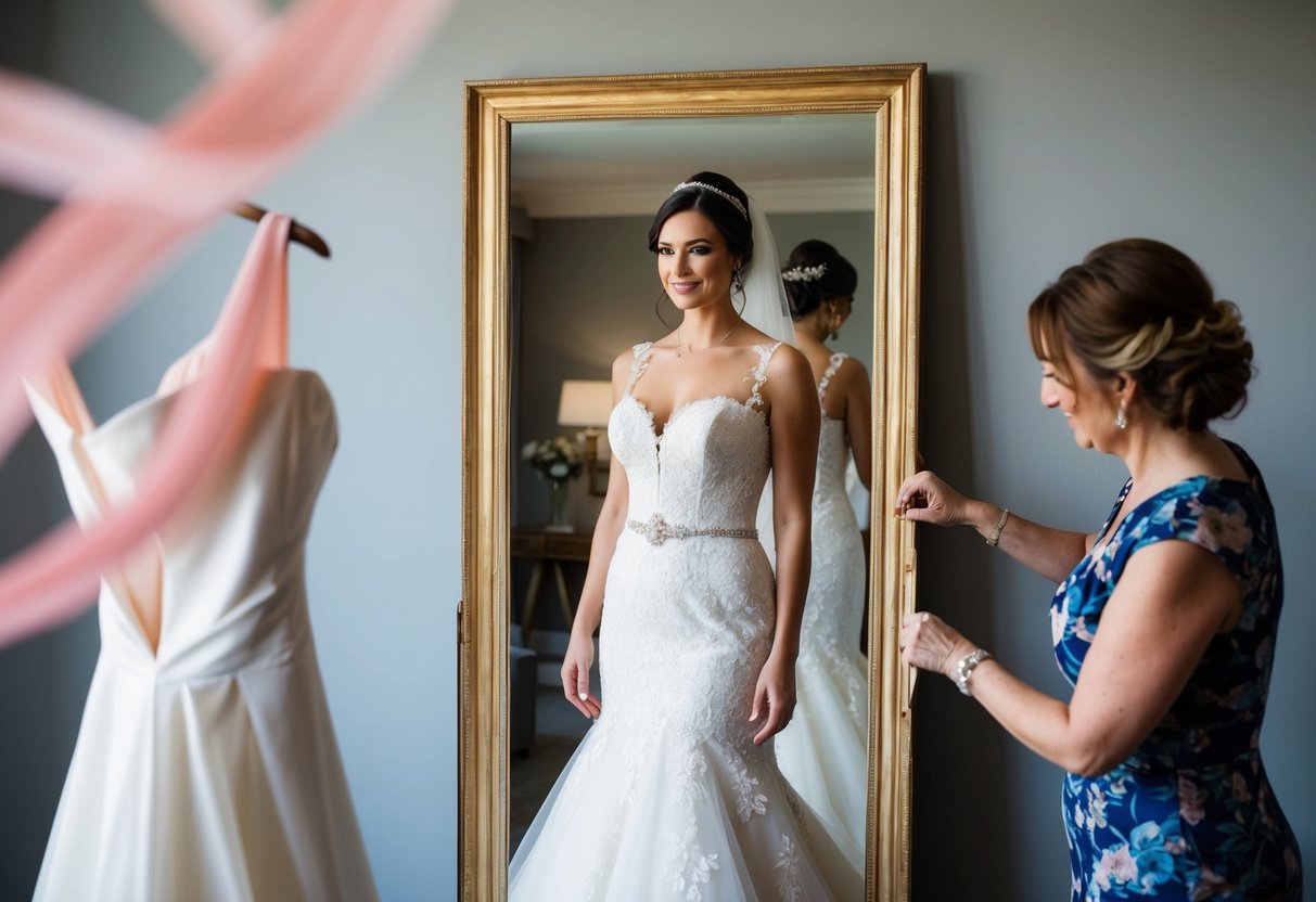 A bride standing in front of a full-length mirror, trying on a wedding dress with a seamstress pinning the fabric for alterations