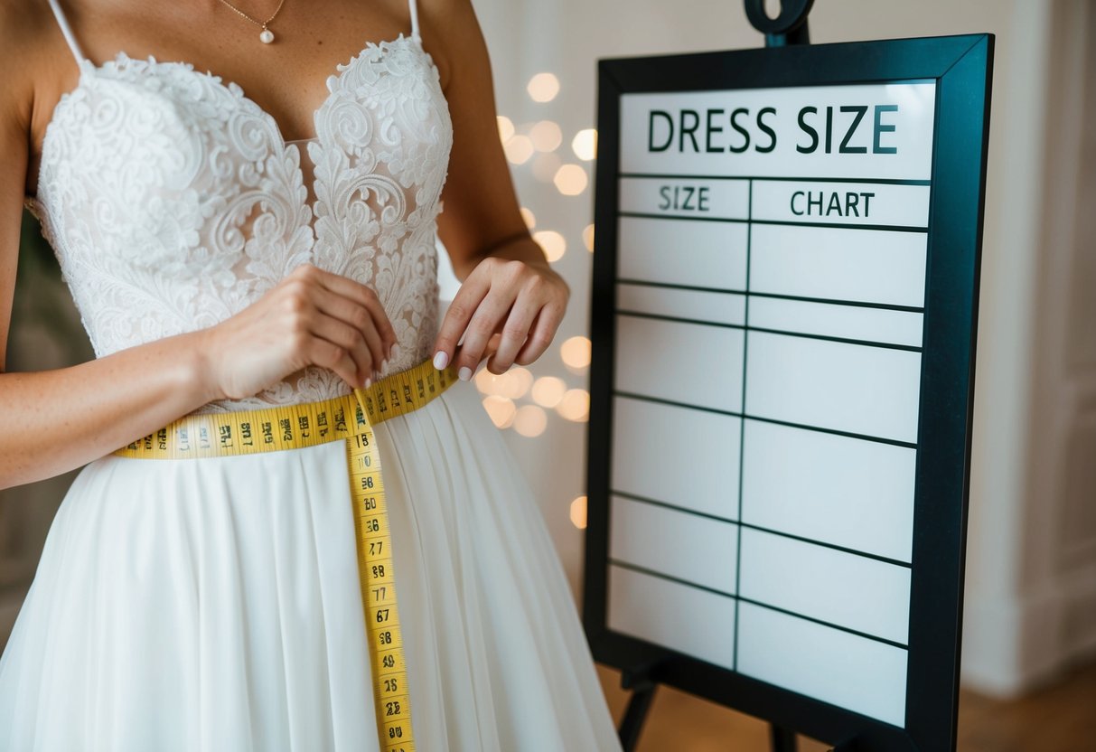 A bride holding a measuring tape around her waist, comparing it to a dress size chart while considering whether to buy a larger size