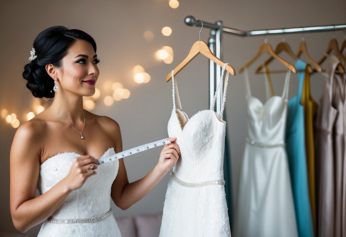 A bride-to-be holding a wedding dress, pondering between two sizes, with a measuring tape and a thoughtful expression
