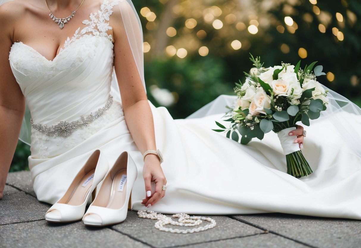 A bride's wardrobe: a white wedding gown, a veil, shoes, jewelry, and a bouquet