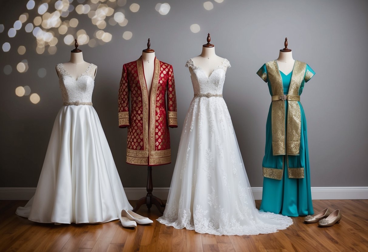 A bride's essential outfits displayed: wedding gown, reception dress, traditional attire, and casual wear for pre-wedding events