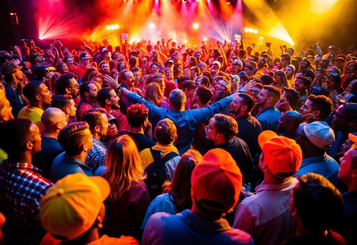 A vibrant, colorful crowd gathers around a dynamic stage. Red, orange, and yellow hues dominate, drawing attention and sparking energy