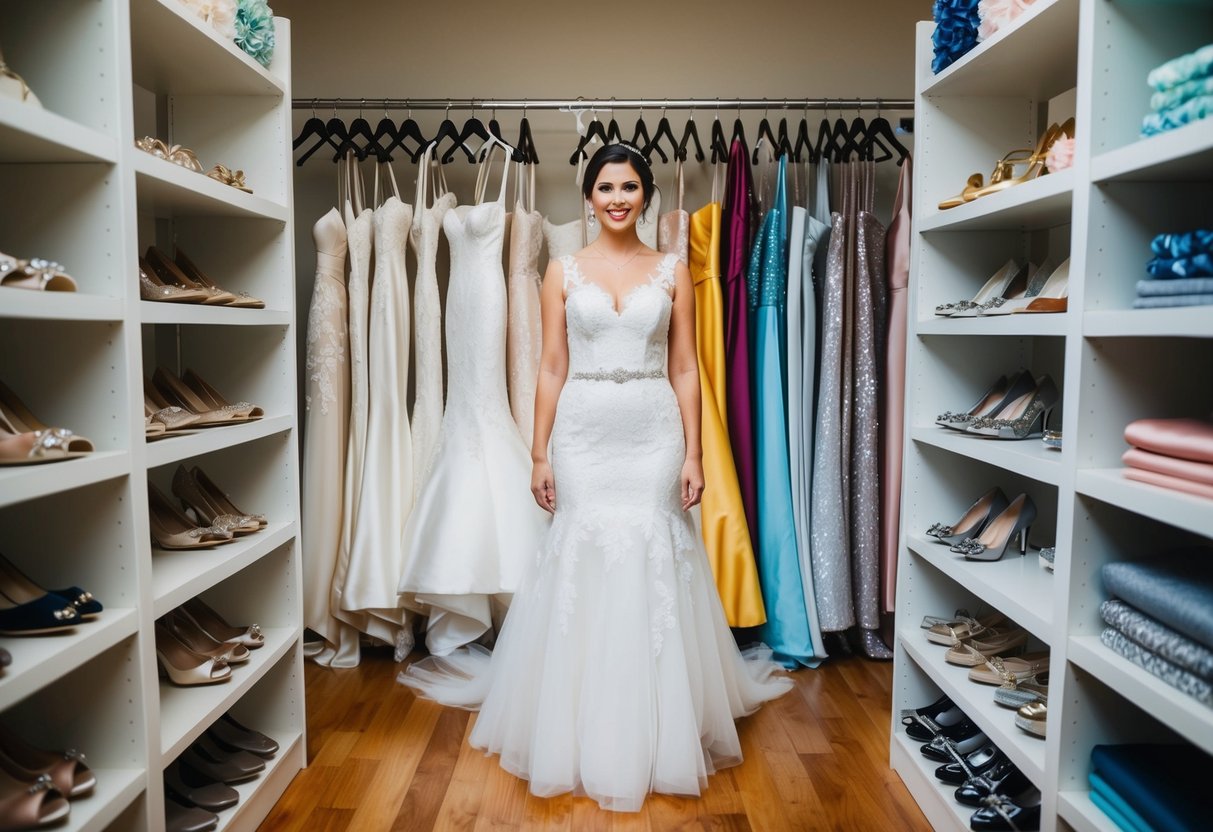 A bride standing in front of a rack of wedding dresses, surrounded by shelves of shoes, accessories, and fabric swatches